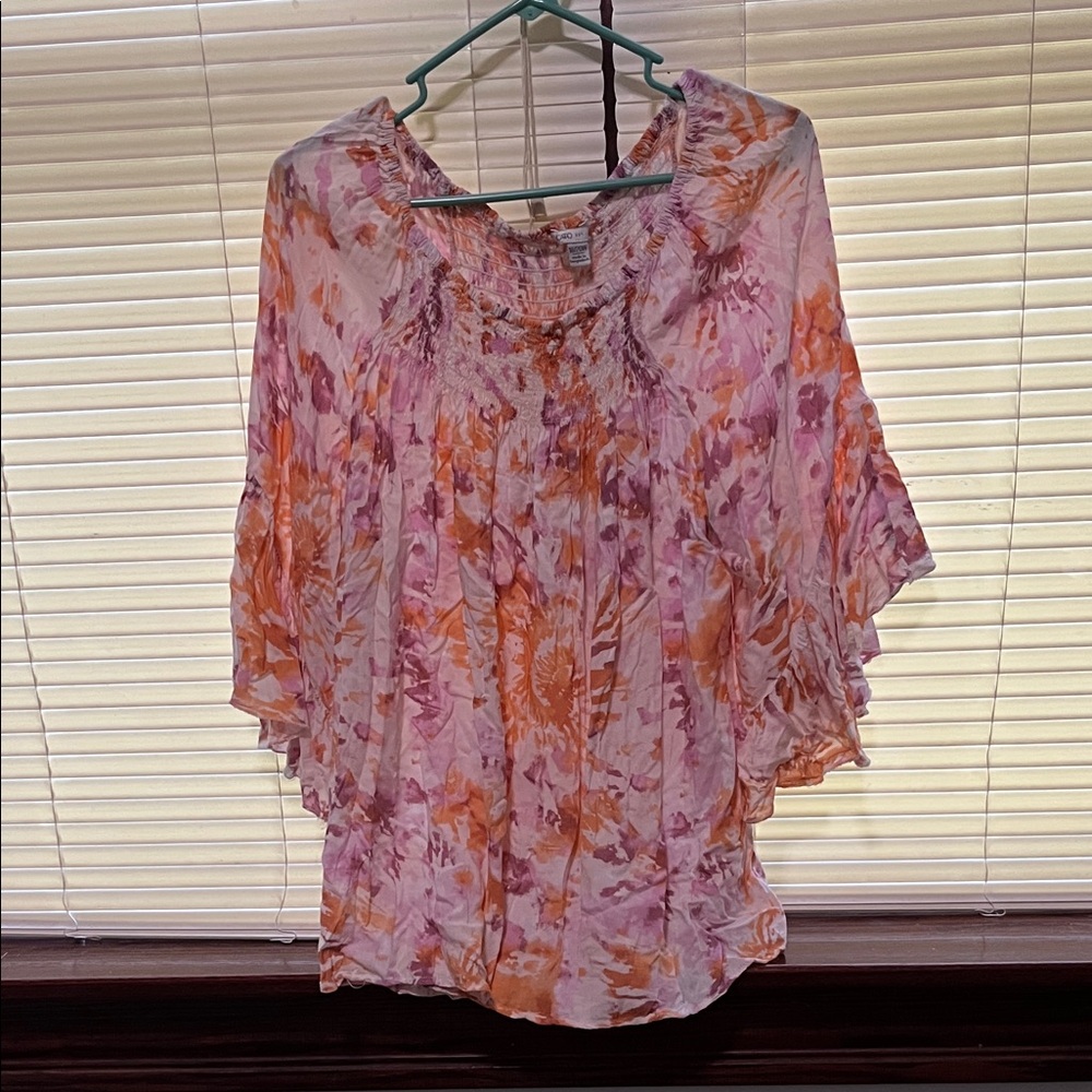 Cato Pink & Orange Floral Smocked Neck Peasant Tunic